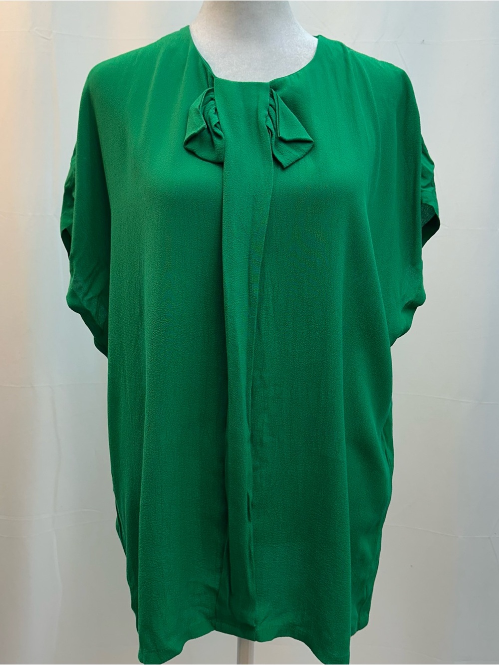 MM Couture Emerald Green Bow-Neck Short Sleeve Blouse L NWTS